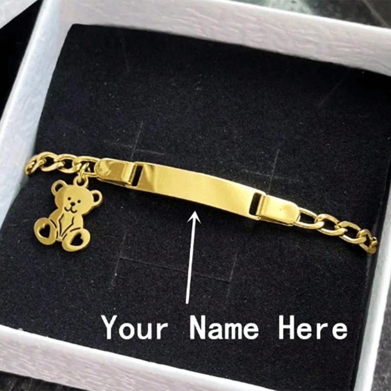 Custom Kids Teddy Bear Bracelet | Personalized Engraved Name Gold Bracelet for Toddlers & Children