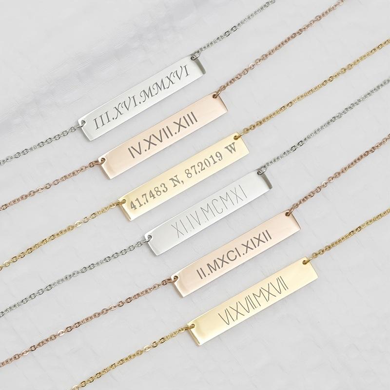 Custom Personalized Engraved Bar Pendant Necklace, Customizable with Names/Dates/Roman Numerals for Loved Ones & Friends