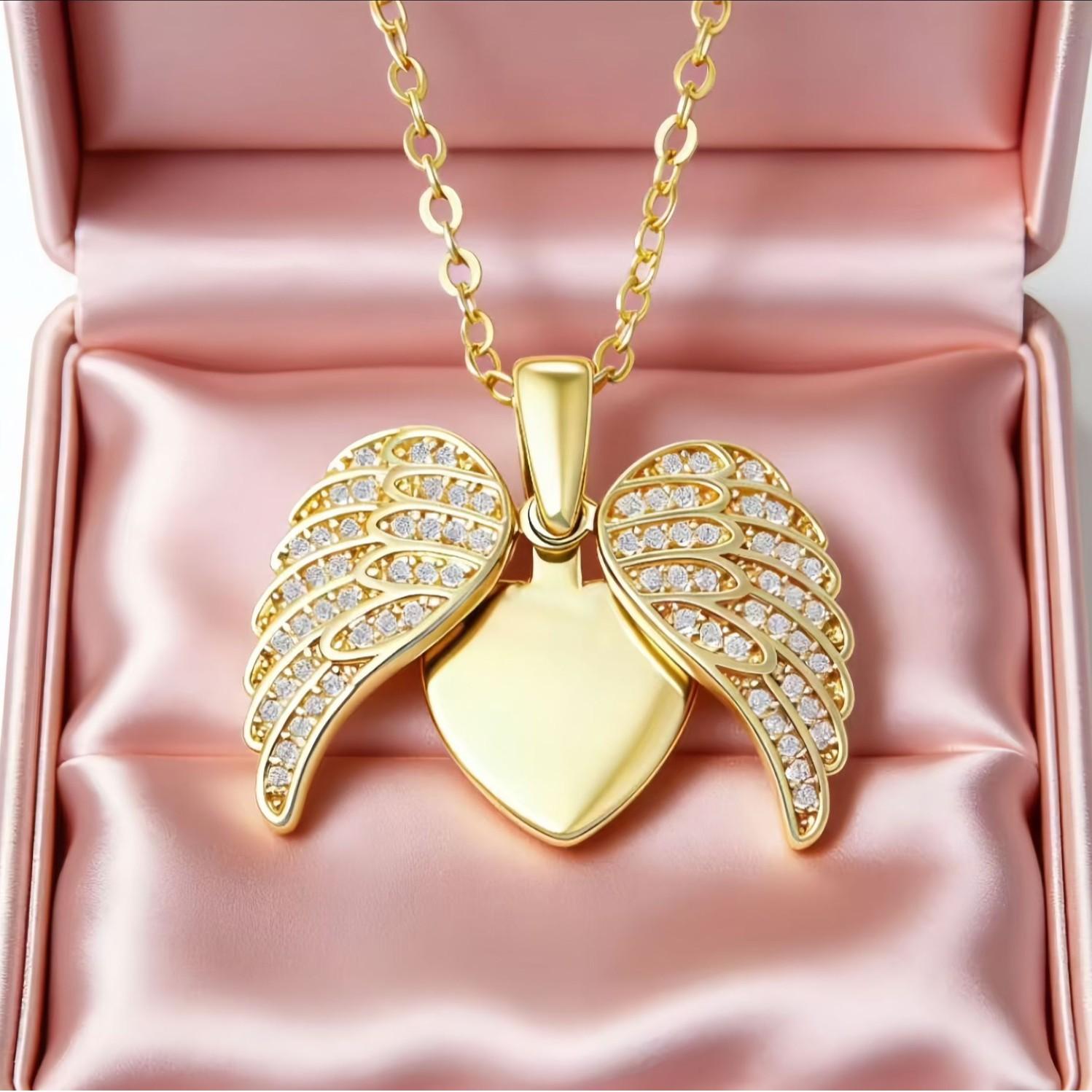 Custom Angel Wings Heart Locket Necklace, Personalized Laser Engraved Pendant for Family & Memorial Gift