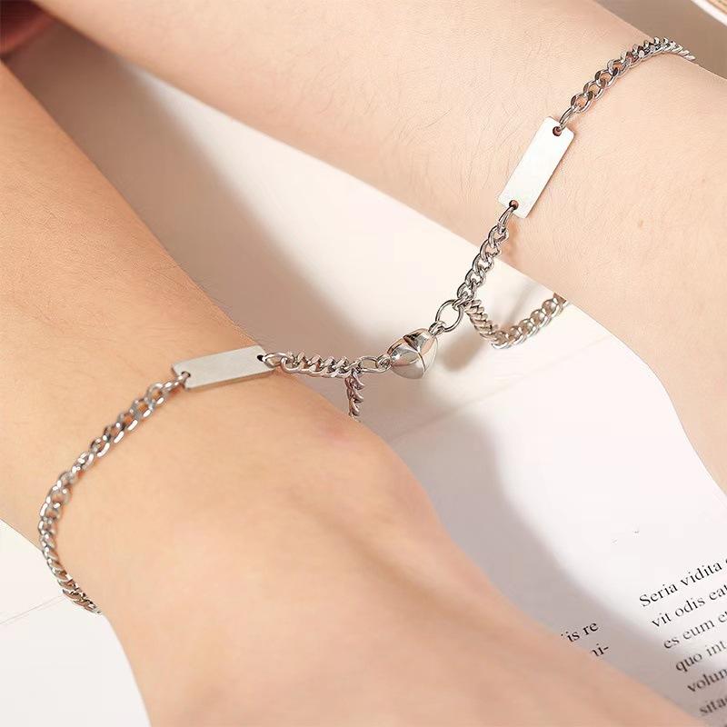 Custom Magnetic Heart Bar Bracelet Set, Personalized Laser Engraved Name Bracelets for Couple & Best Friend