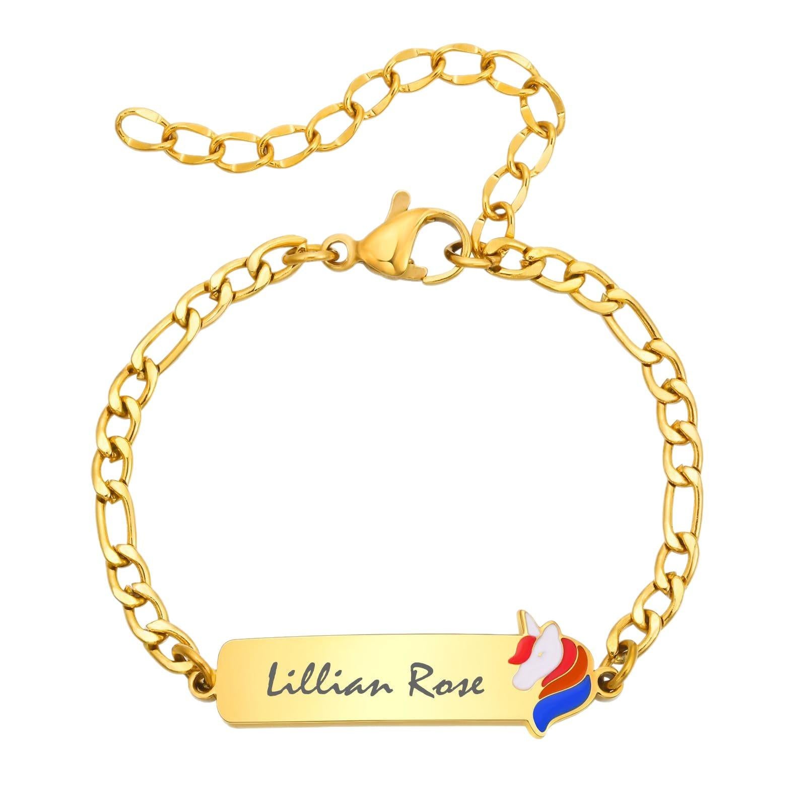 Custom Charm Bracelet (Butterfly/Unicorn/Soccer), Personalized Laser Engraved Name Bar Bracelet for Kids & Girls