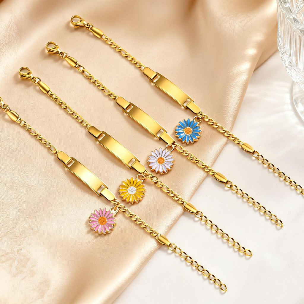 Custom Daisy Flower Charm Bracelet & Anklet, Personalized Laser Engraved Name Bar Jewelry for Women, Best Friend & Family