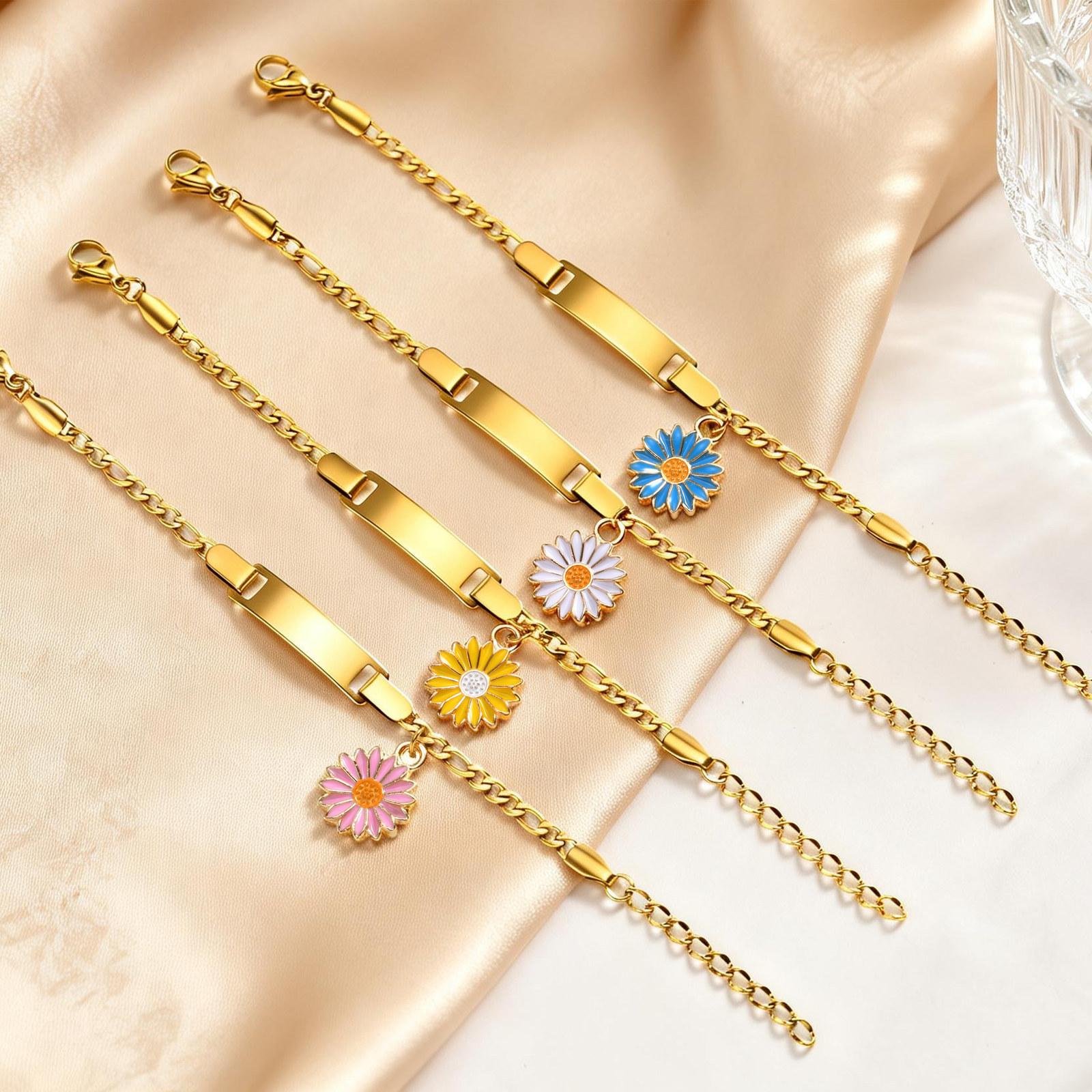 Custom Daisy Flower Charm Bracelet & Anklet, Personalized Laser Engraved Name Bar Jewelry for Women, Best Friend & Family