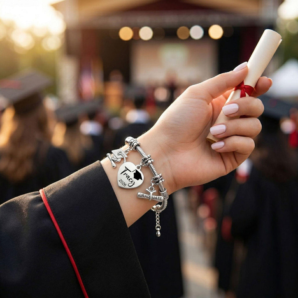 Custom Graduation Heart Charm Bracelet with Cap & Diploma Charms, Personalized Laser Engraved Name for Graduates
