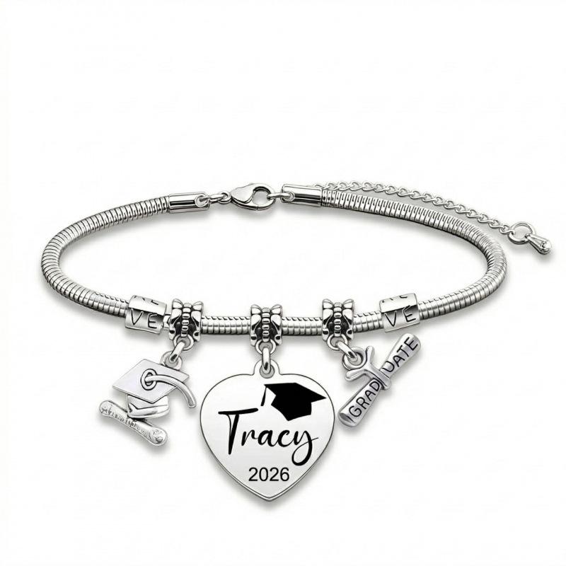 Custom Graduation Heart Charm Bracelet with Cap & Diploma Charms, Personalized Laser Engraved Name for Graduates