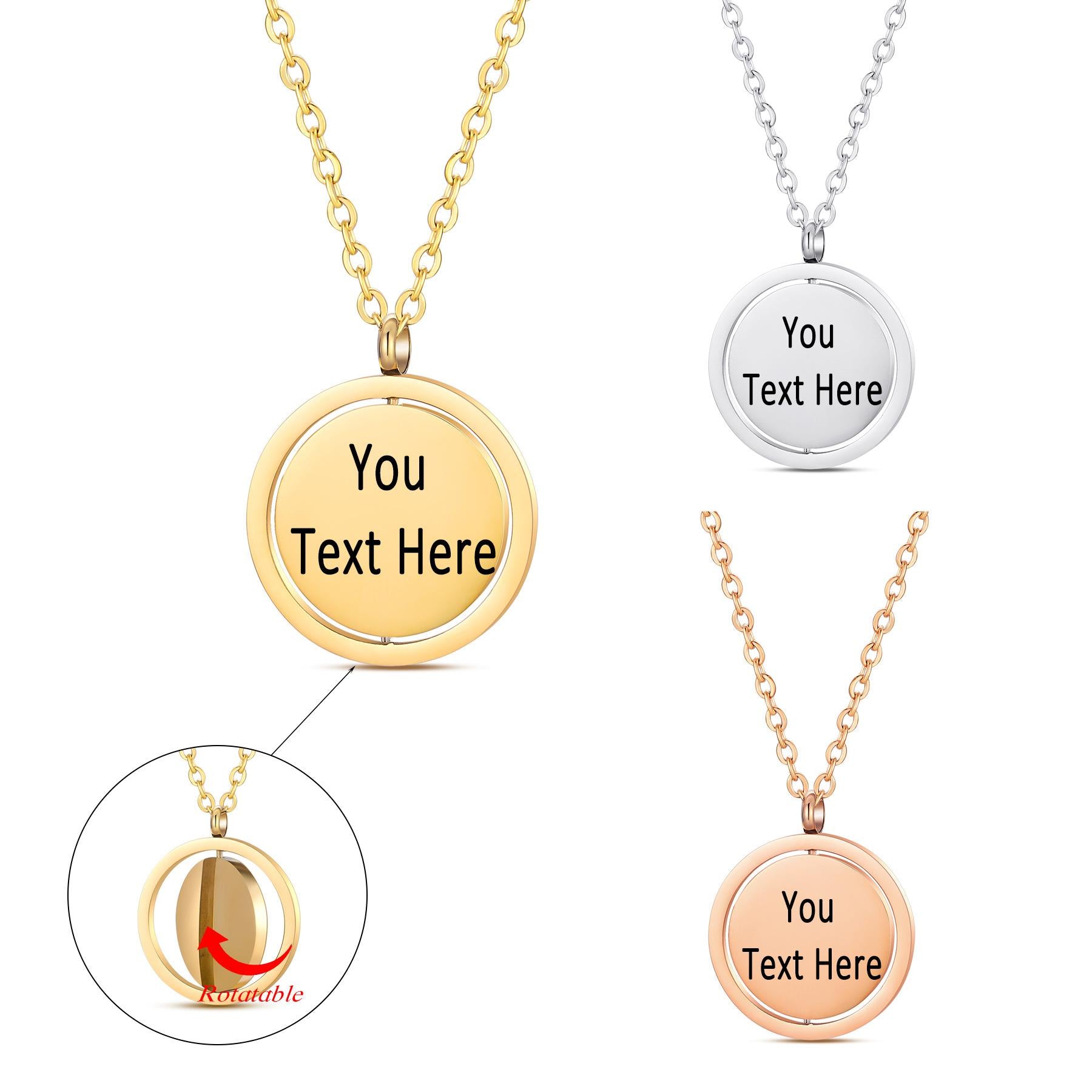 Custom Rotatable Round Pendant Necklace, Personalized Laser Engraved Name Jewelry for Women & Men, Ideal Gift for Family, Friends & Couples