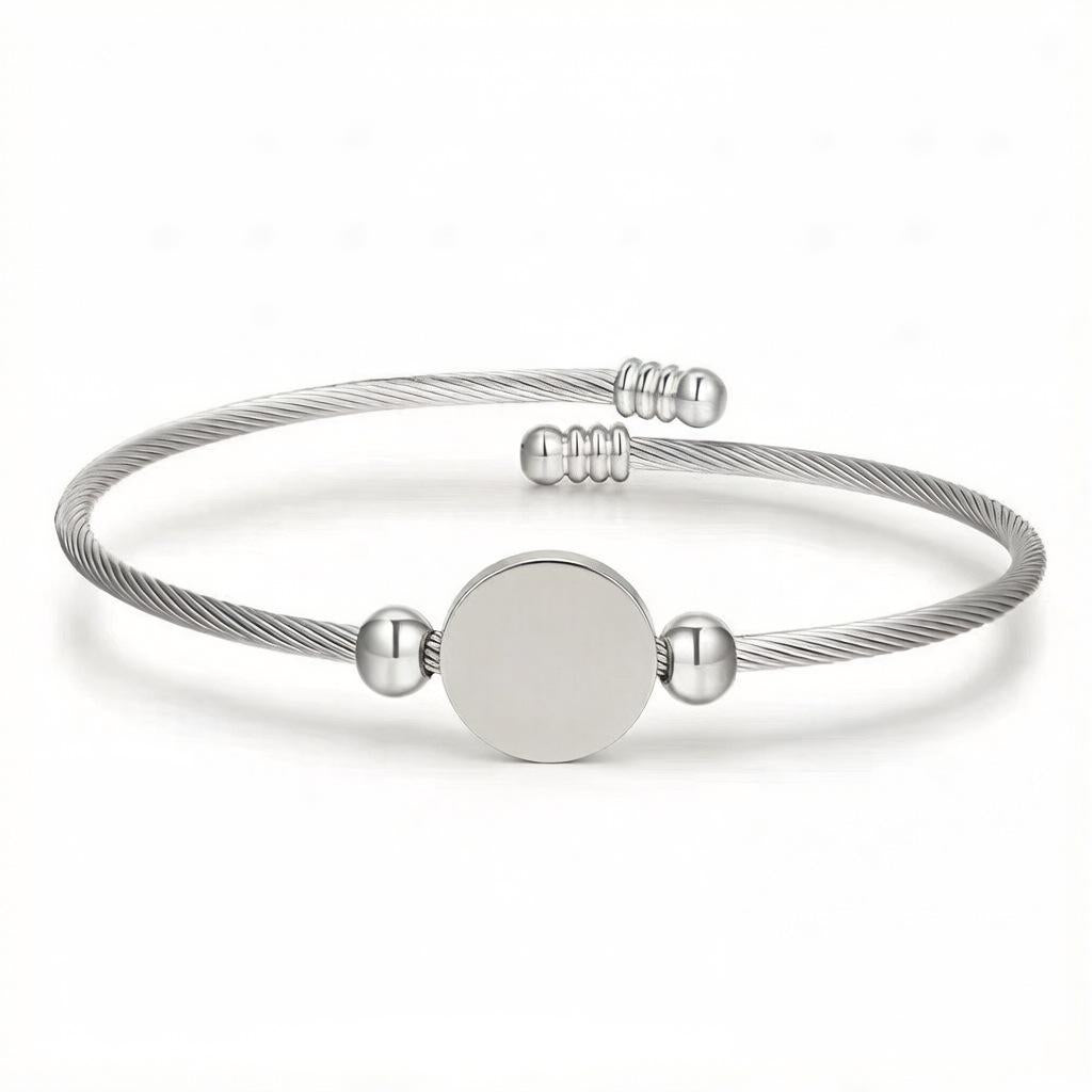 Custom Round Disc Twisted Cable Bracelet, Personalized Name Engraved Jewelry for Women & Men