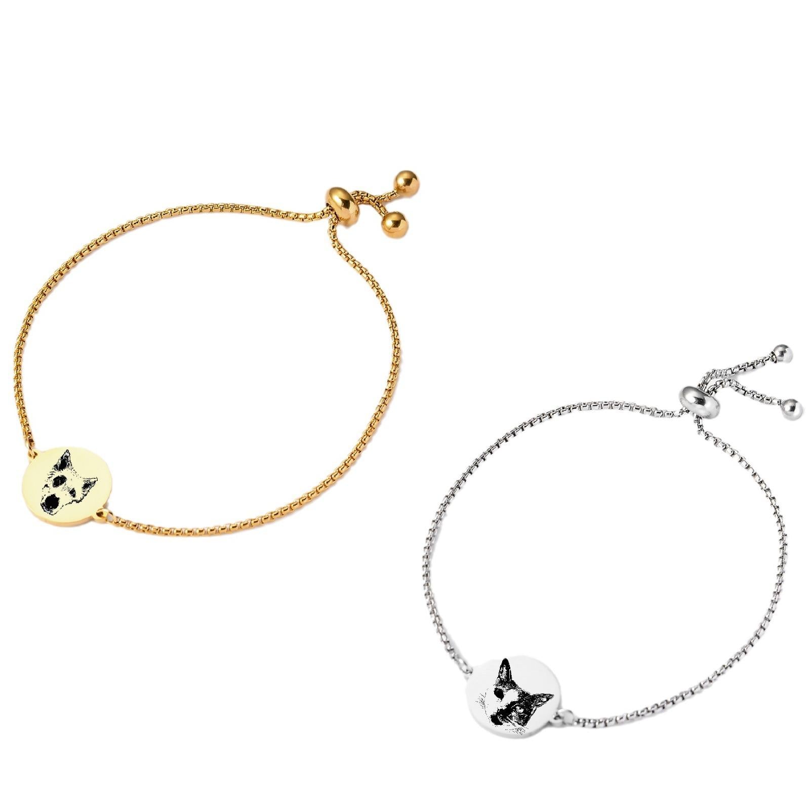 Custom Pet Portrait Engraved Slider Bracelet, Personalized Laser Engraved Name Bracelet for Pet Lovers