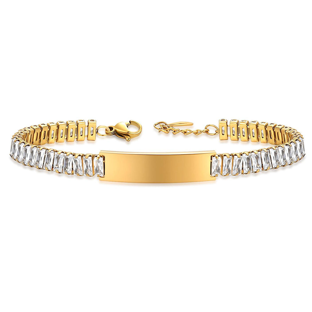 Custom Baguette Crystal Bracelet & Anklet, Personalized Laser Engraved Nameplate Jewelry (Customizable Name Engraving)