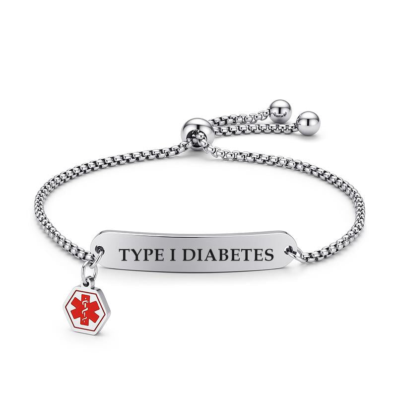 Custom Medical Alert Diabetes Bracelet, Personalized Type I/II Diabetes Adjustable Bolo Bracelet with Medical Symbol Charm