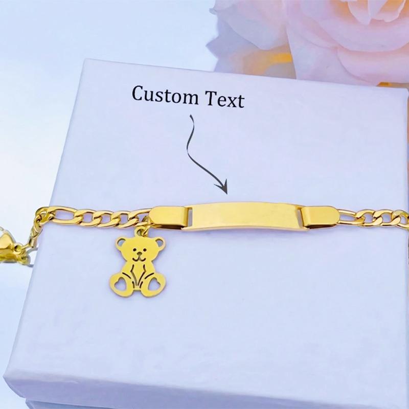 Custom Kids Teddy Bear Bracelet | Personalized Engraved Name Gold Bracelet for Toddlers & Children
