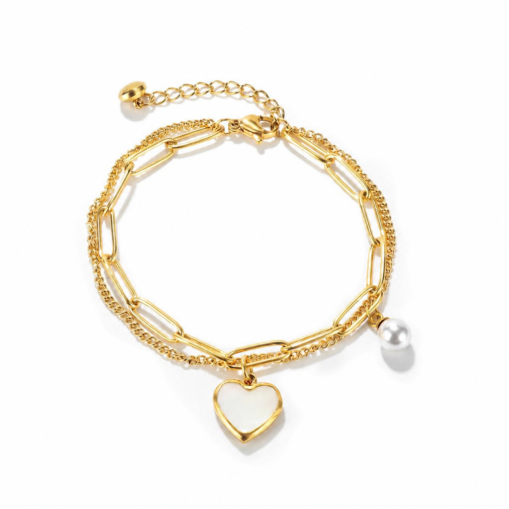 Custom Heart & Pearl Double Layer Chain Bracelet/Anklet, Personalized Laser Engraved Name Jewelry